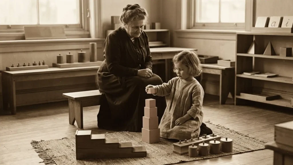 o desenho do foco - os primeiros materiais de madeira feitos por maria montessori