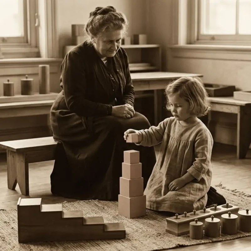 o desenho do foco - os primeiros materiais de madeira feitos por maria montessori